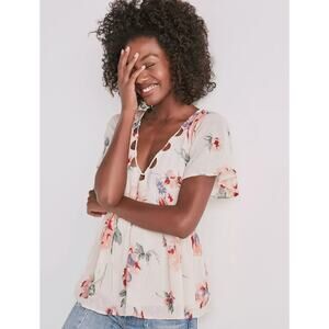Lucky Brand Floral Flutter Sleeve Babydoll Flowy Top Blouse S Small